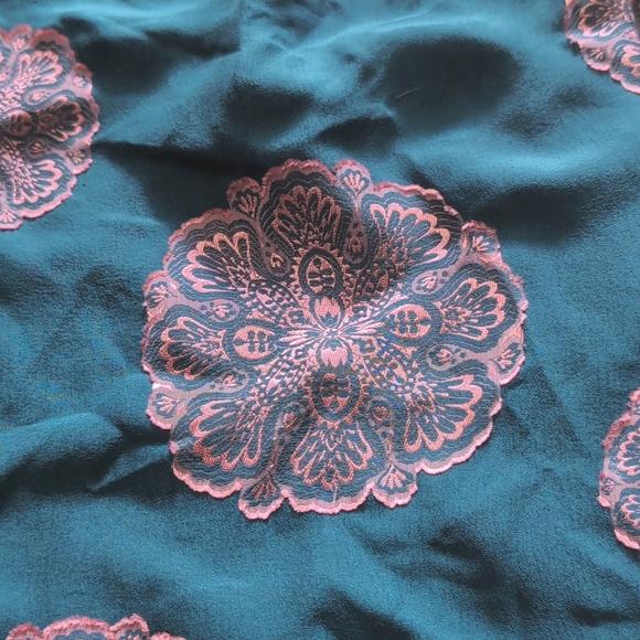 Trina Turk Teal & Pink Saloni Silk Puff Sleeve Top - Picture 7 of 12
